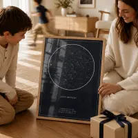 A mother and son on the floor looking at a framed star map captioned Happy Birthday, beside a wrapped gift