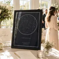 A black framed navy star map print on a wedding guestbook table with white flowers and candles